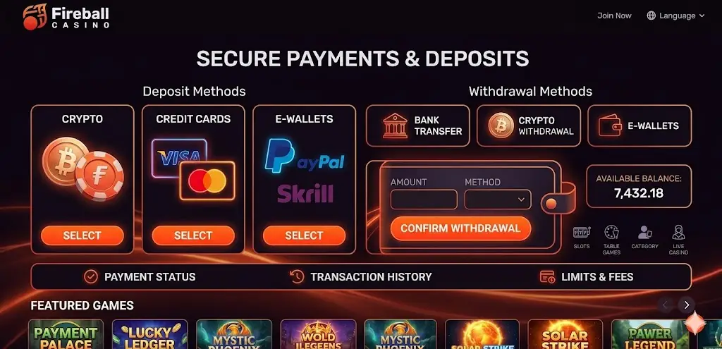Fireball Casino fizetési módok